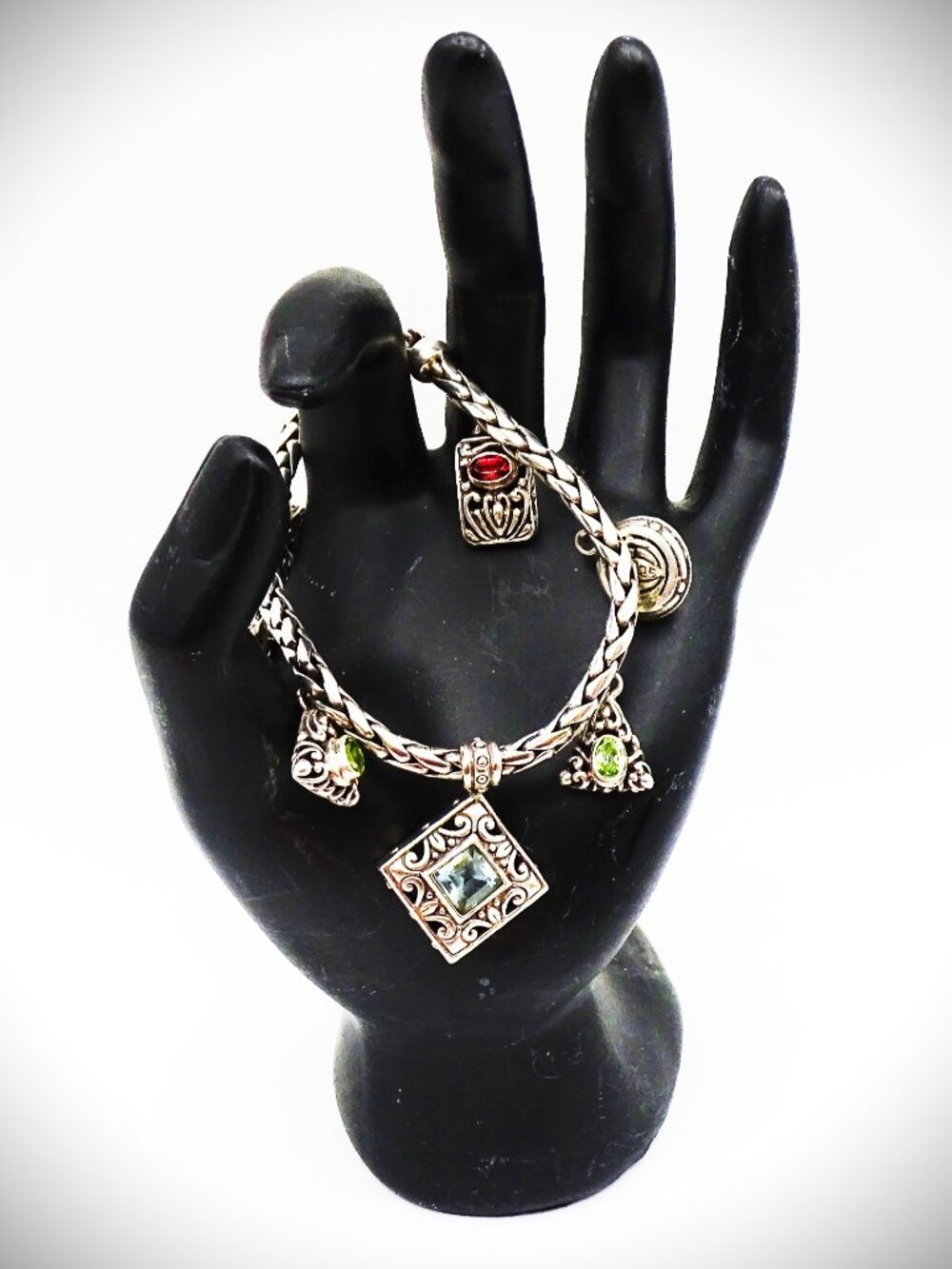 VINTAGE Sterling Silver Topaz Peridot Garnet Amethyst Charms Bracelet - Picture 4 of 15